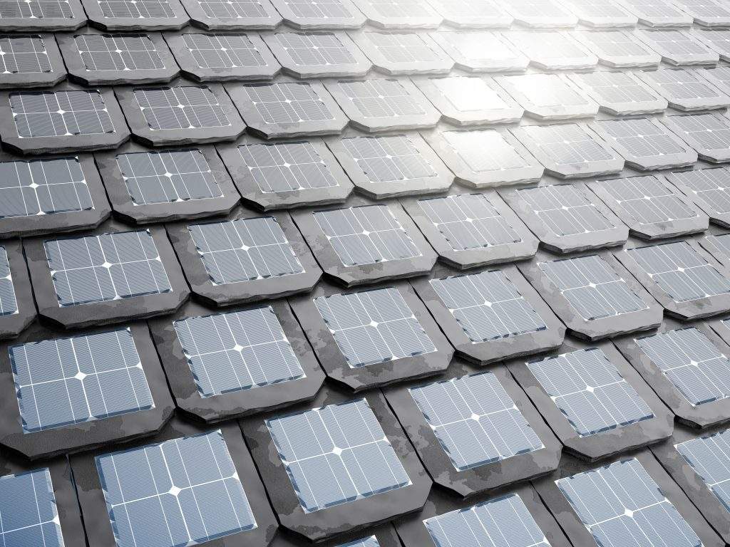 Solar panel integrates into the roof tiles or shingles. 3d illustration.
