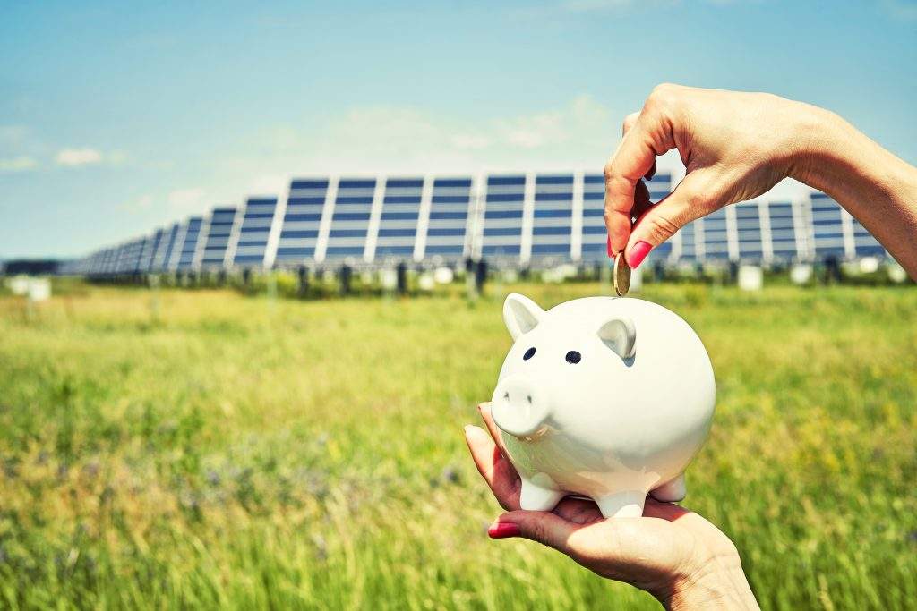 Hand holding money banknote with photovoltaic solar energy panels in background,