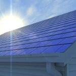 3D illustration of an integrated solar shingle roof. Fictitious