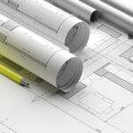 Construction concept. Building blueprint plans, banner. Architecture design, residential project. 3d illustration