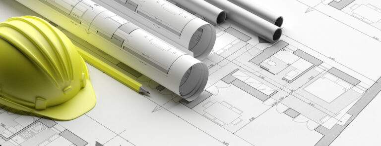 Construction concept. Building blueprint plans, banner. Architecture design, residential project. 3d illustration